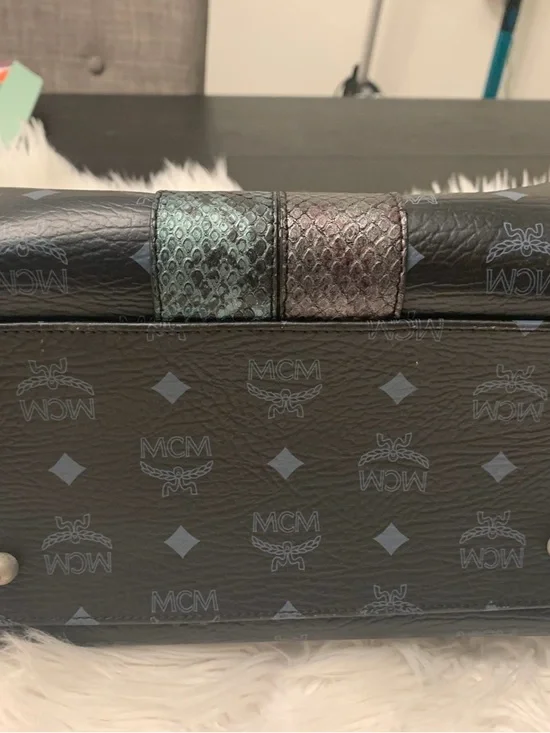 MCM Black Leather Satchel with Metallic Lion Graphic - Picture 8 of 11